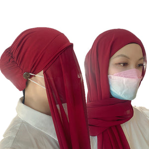 New Instant Hijabs Women Bonnet With Chiffon Shawl With buttons Easy to Wear masks Stretch Hijab Cover Headwrap