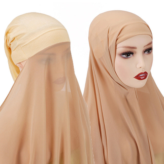 New Instant Hijabs Women Bonnet With Chiffon Shawl With buttons Easy to Wear masks Stretch Hijab Cover Headwrap