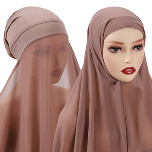 New Instant Hijabs Women Bonnet With Chiffon Shawl With buttons Easy to Wear masks Stretch Hijab Cover Headwrap