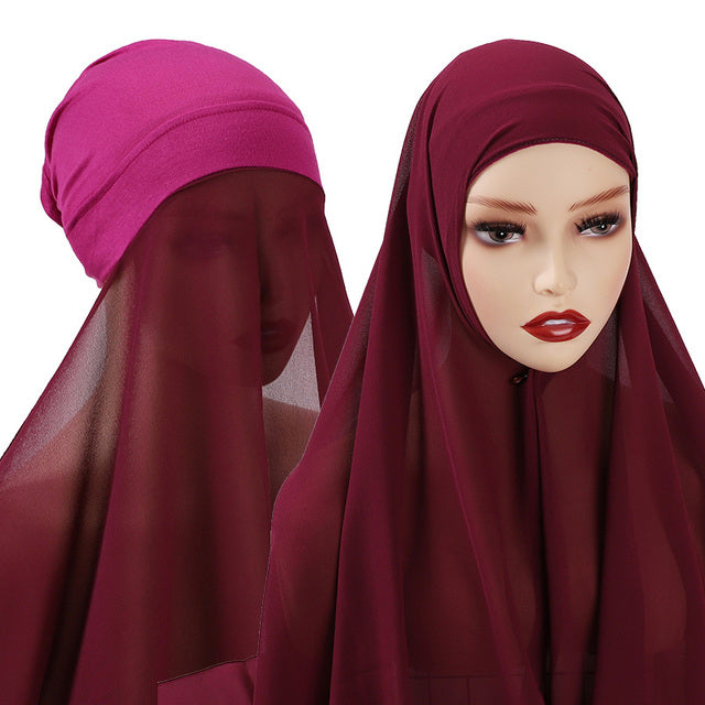 New Instant Hijabs Women Bonnet With Chiffon Shawl With buttons Easy to Wear masks Stretch Hijab Cover Headwrap