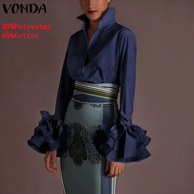 New Women Shirts VONDA 2022 Spring Summer Sexy Turn-down Collar Flare Sleeve Party Tops Office Shirt Casual  Blusas