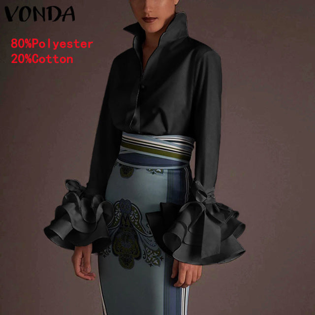 New Women Shirts VONDA 2022 Spring Summer Sexy Turn-down Collar Flare Sleeve Party Tops Office Shirt Casual  Blusas