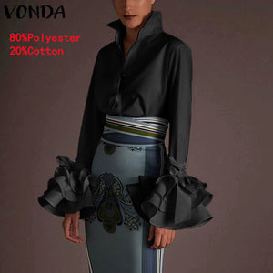 New Women Shirts VONDA 2022 Spring Summer Sexy Turn-down Collar Flare Sleeve Party Tops Office Shirt Casual  Blusas