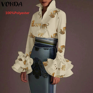 New Women Shirts VONDA 2022 Spring Summer Sexy Turn-down Collar Flare Sleeve Party Tops Office Shirt Casual  Blusas