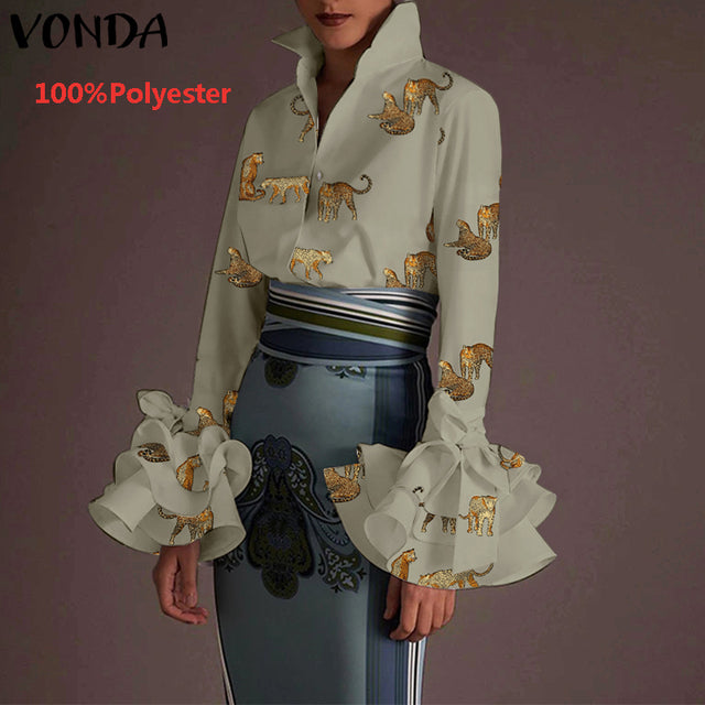 New Women Shirts VONDA 2022 Spring Summer Sexy Turn-down Collar Flare Sleeve Party Tops Office Shirt Casual  Blusas