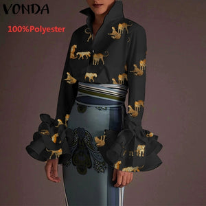 New Women Shirts VONDA 2022 Spring Summer Sexy Turn-down Collar Flare Sleeve Party Tops Office Shirt Casual  Blusas