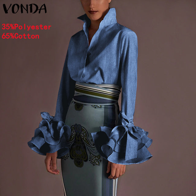 New Women Shirts VONDA 2022 Spring Summer Sexy Turn-down Collar Flare Sleeve Party Tops Office Shirt Casual  Blusas