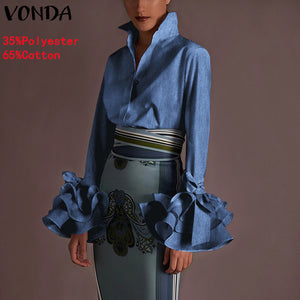 New Women Shirts VONDA 2022 Spring Summer Sexy Turn-down Collar Flare Sleeve Party Tops Office Shirt Casual  Blusas