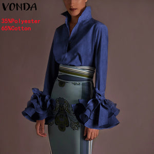 New Women Shirts VONDA 2022 Spring Summer Sexy Turn-down Collar Flare Sleeve Party Tops Office Shirt Casual  Blusas