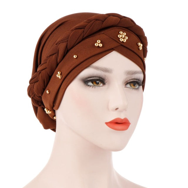 New Women&#39;s Hair Care Islamic Jersey Head Scarf Milk Silk Muslim Hijab Beads Braid Wrap Stretch Turban Hat Chemo Cap Head Wrap