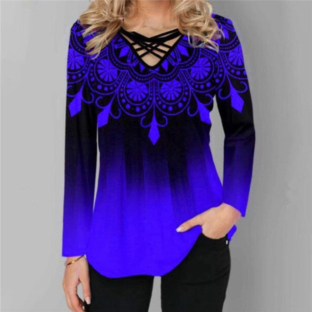 Oversized Spring Women Blouses Long Sleeve Gradient Element Print Shirts Casual Cross V-Neck Ladies Tops Loose Streetwear 2022