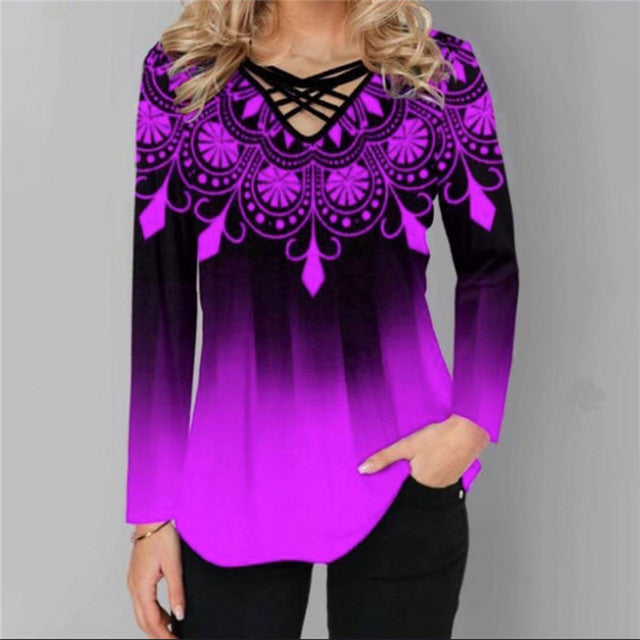 Oversized Spring Women Blouses Long Sleeve Gradient Element Print Shirts Casual Cross V-Neck Ladies Tops Loose Streetwear 2022