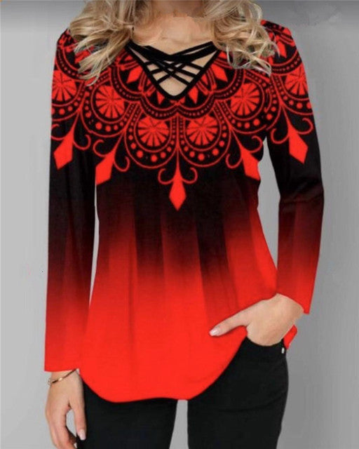 Oversized Spring Women Blouses Long Sleeve Gradient Element Print Shirts Casual Cross V-Neck Ladies Tops Loose Streetwear 2022