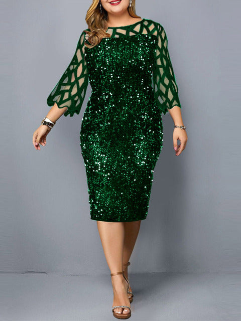 Party Dress Plus Size Ladies Midi Sequin Mesh Long Sleeve Lace Elegant Bodycon XL-4XL 5XL Evening Dresses Woman Summer 2021