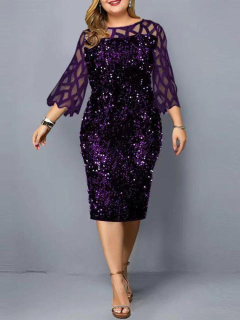 Party Dress Plus Size Ladies Midi Sequin Mesh Long Sleeve Lace Elegant Bodycon XL-4XL 5XL Evening Dresses Woman Summer 2021