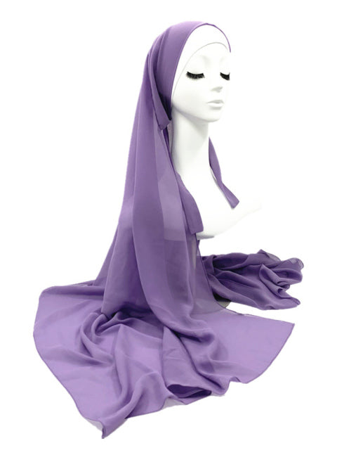 Plain Color Chiffon Hijab Scarf with Bandage Non-Slip Muslim Women Breathable Islam Long Hijabs Headband Fashion Turban Headwrap