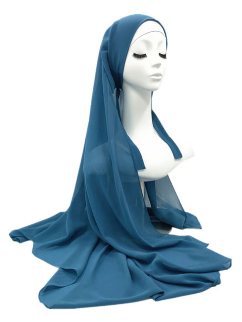 Plain Color Chiffon Hijab Scarf with Bandage Non-Slip Muslim Women Breathable Islam Long Hijabs Headband Fashion Turban Headwrap