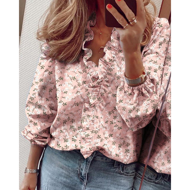 PlusSister 2022 Spring Autumn Elegant Ruffles Women Blouses Casual V Neck Long Sleeve Loose Female Tunic White Blouses For Women