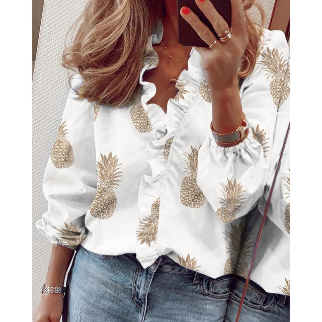 PlusSister 2022 Spring Autumn Elegant Ruffles Women Blouses Casual V Neck Long Sleeve Loose Female Tunic White Blouses For Women