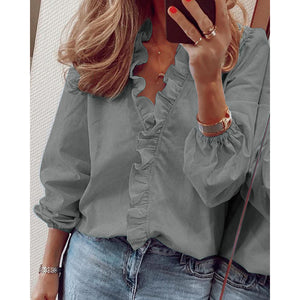 PlusSister 2022 Spring Autumn Elegant Ruffles Women Blouses Casual V Neck Long Sleeve Loose Female Tunic White Blouses For Women