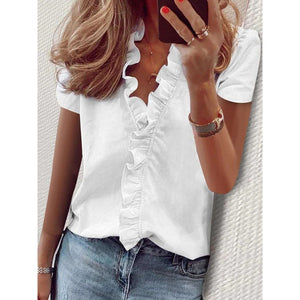 PlusSister 2022 Spring Autumn Elegant Ruffles Women Blouses Casual V Neck Long Sleeve Loose Female Tunic White Blouses For Women