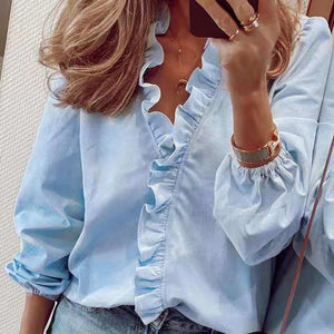 PlusSister 2022 Spring Autumn Elegant Ruffles Women Blouses Casual V Neck Long Sleeve Loose Female Tunic White Blouses For Women