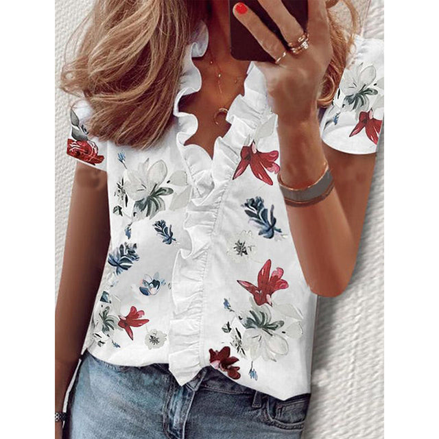 PlusSister 2022 Spring Autumn Elegant Ruffles Women Blouses Casual V Neck Long Sleeve Loose Female Tunic White Blouses For Women