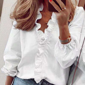 PlusSister 2022 Spring Autumn Elegant Ruffles Women Blouses Casual V Neck Long Sleeve Loose Female Tunic White Blouses For Women