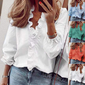 PlusSister 2022 Spring Autumn Elegant Ruffles Women Blouses Casual V Neck Long Sleeve Loose Female Tunic White Blouses For Women