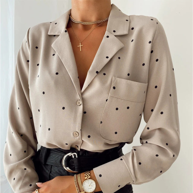 Pocket Long Sleeve Turn Down Collar Women Blouse Office Lady Polka Dot Cotton Casual Shirts 2021 New Spring