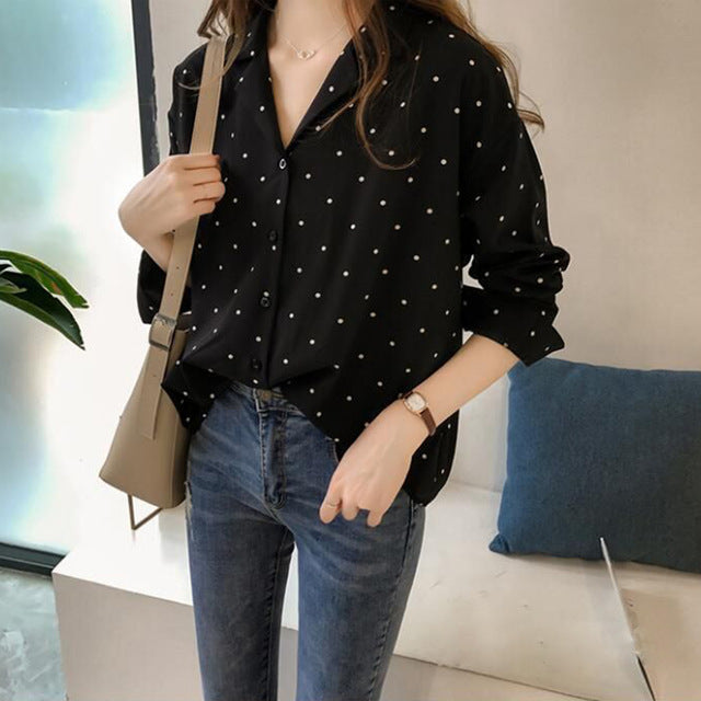 Pocket Long Sleeve Turn Down Collar Women Blouse Office Lady Polka Dot Cotton Casual Shirts 2021 New Spring