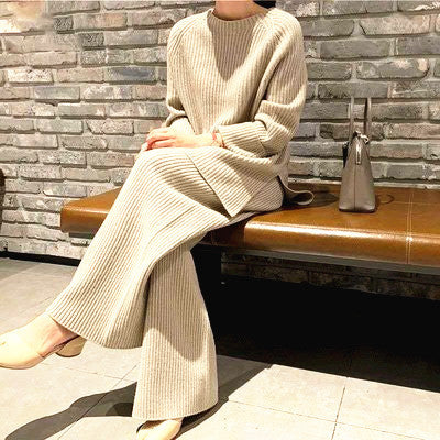 REALEFT 2021 Autumn Winter 2 Pieces Women Sets Knitted Tracksuit O-Neck Split Sweater and Wide Leg Jogging Pants Pullover Suits