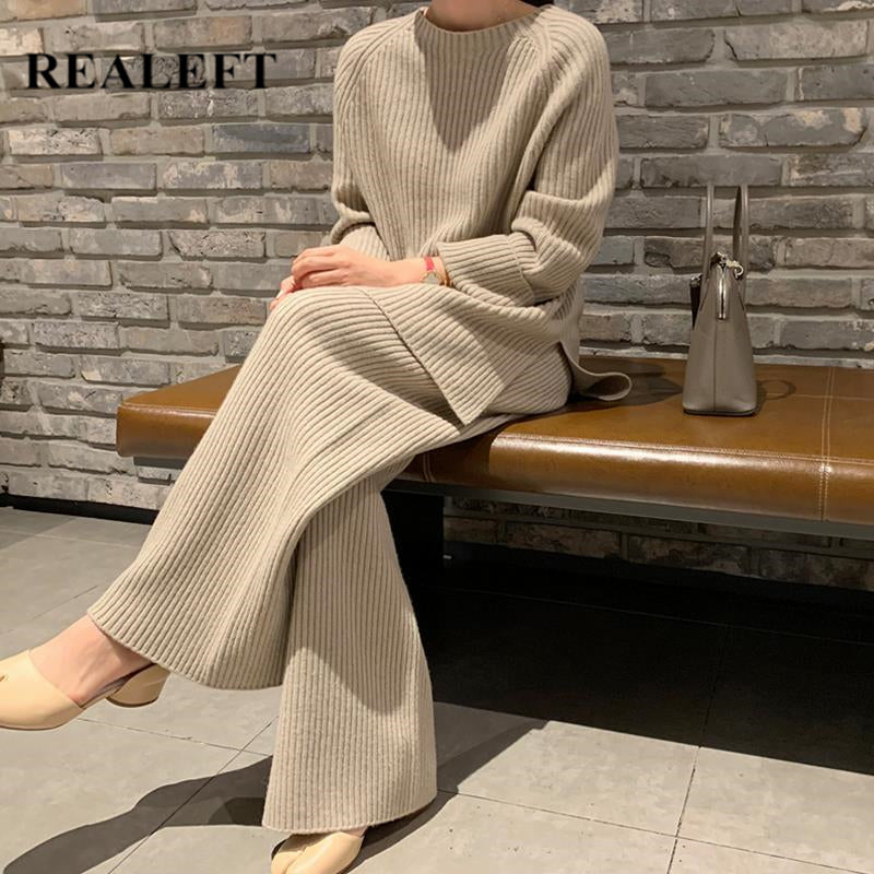 REALEFT 2021 Autumn Winter 2 Pieces Women Sets Knitted Tracksuit O-Neck Split Sweater and Wide Leg Jogging Pants Pullover Suits