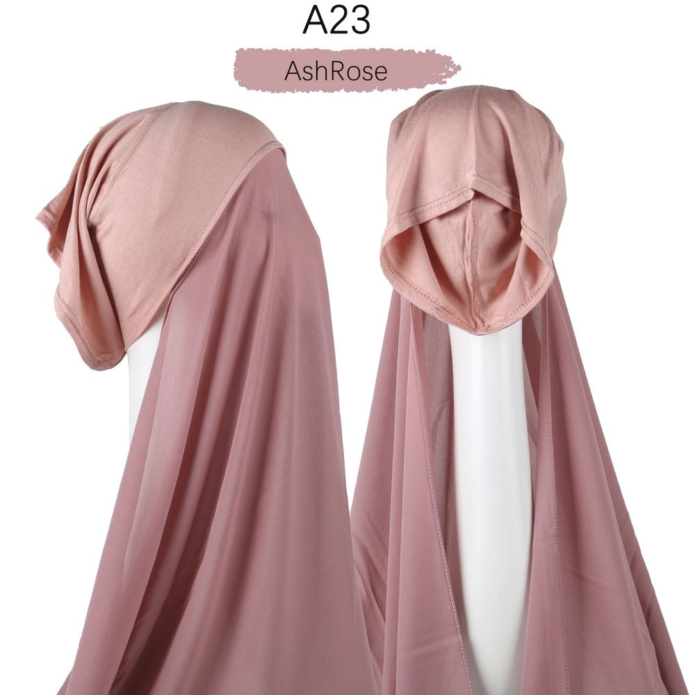 Muslim Women Heavy Chiffon Hijab Scarf With Bonnet  Instant Chiffon Hijabs Scarves With Caps Pinless Underscarf Headscarf