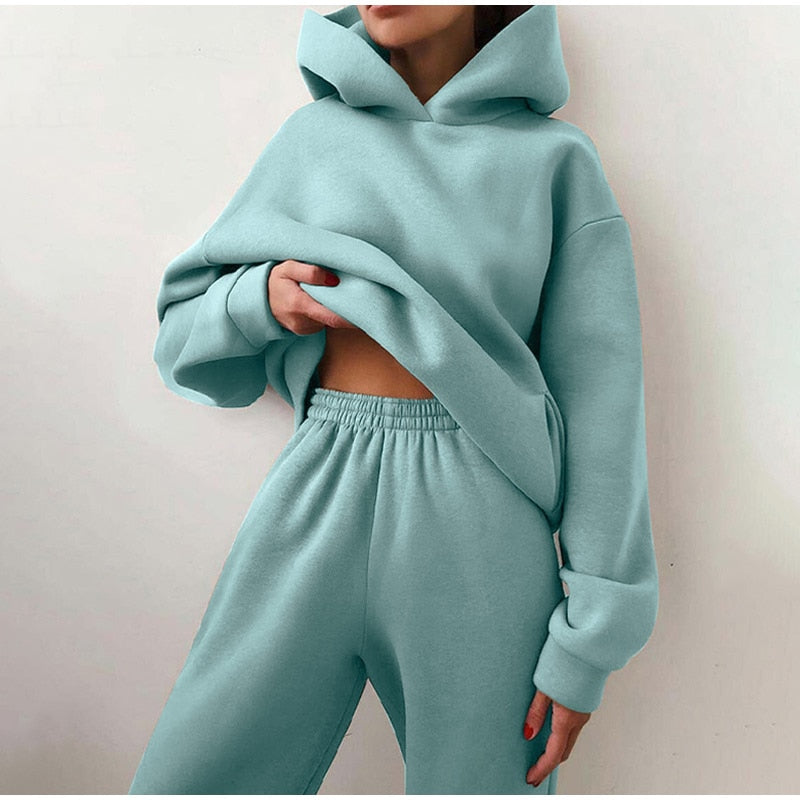 Women&#39;s Tracksuit Casual Solid Long Sleeve Hooded Sport Suits Autumn Warm Hoodie Sweatshirts and Long Pant Fleece Two Piece Sets