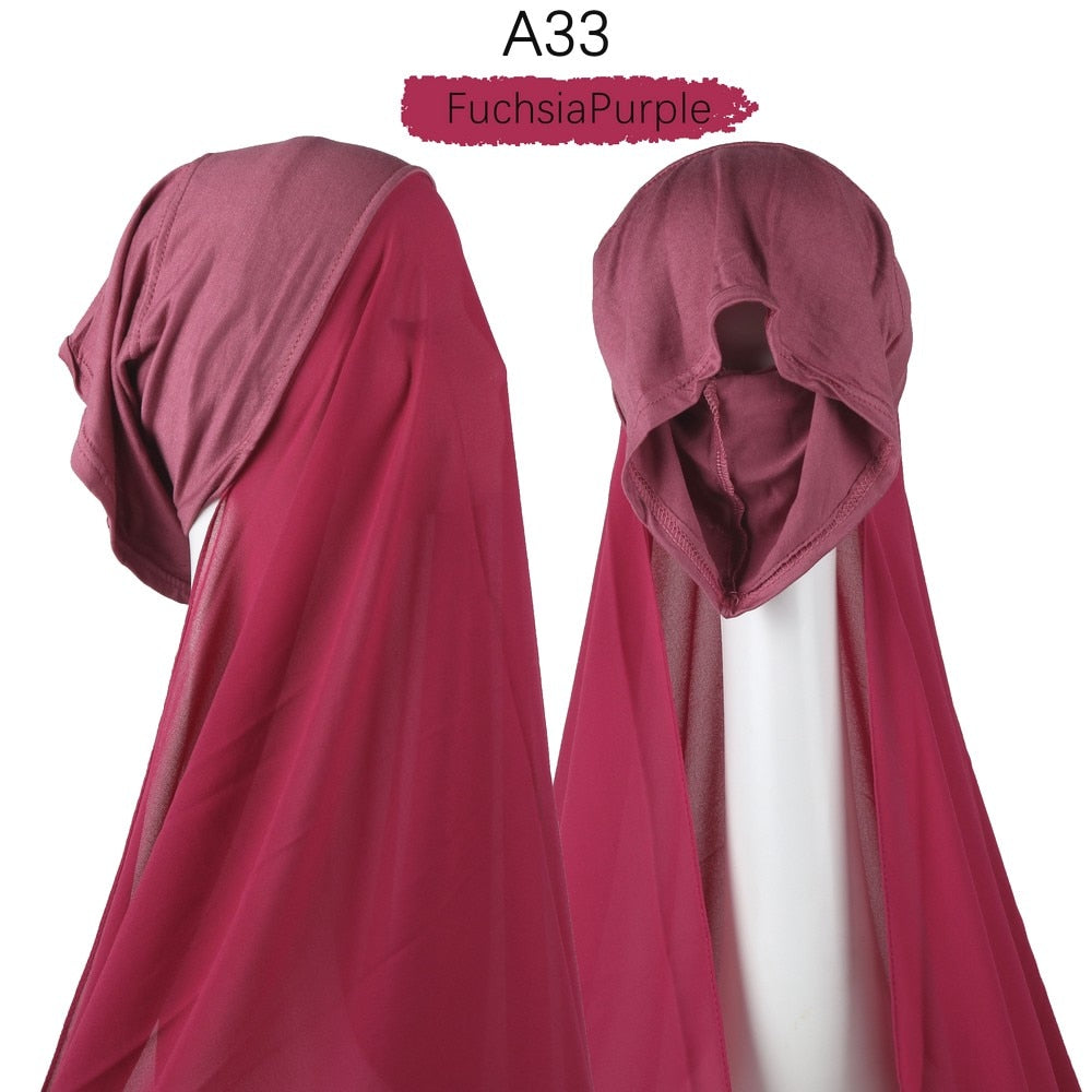 Muslim Women Heavy Chiffon Hijab Scarf With Bonnet  Instant Chiffon Hijabs Scarves With Caps Pinless Underscarf Headscarf