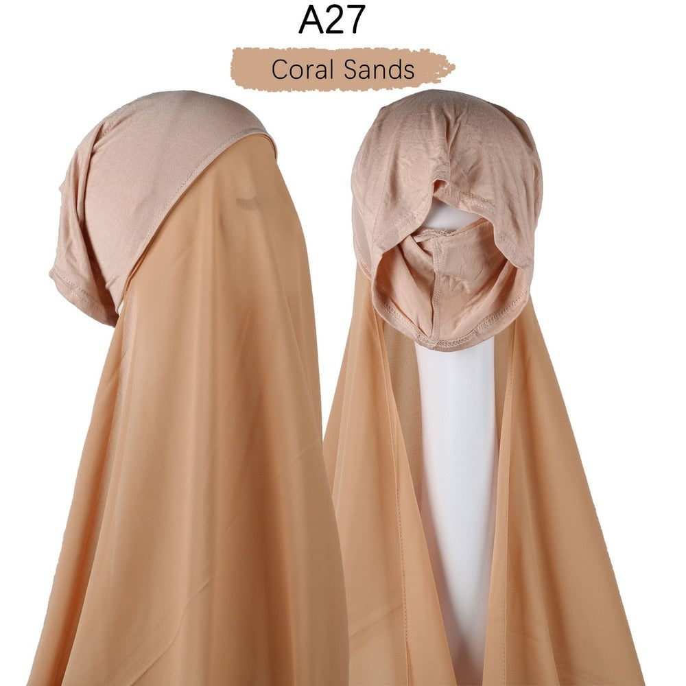 Muslim Women Heavy Chiffon Hijab Scarf With Bonnet  Instant Chiffon Hijabs Scarves With Caps Pinless Underscarf Headscarf