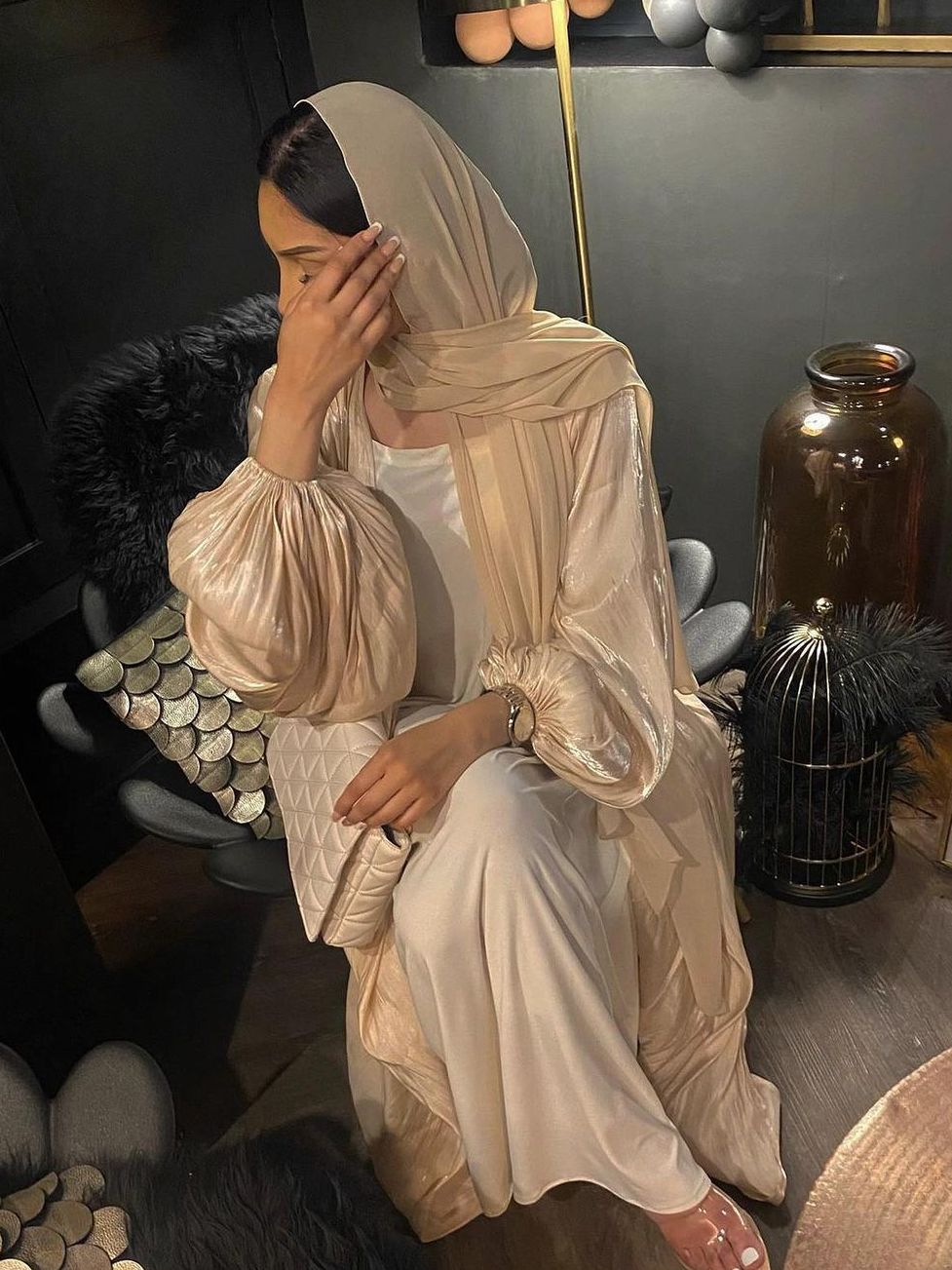 Eid Djellaba Abaya Dubai Shiny Soft Puff Sleeves Muslim Dress Silky Kimono Dubai Turkey Muslim Dress Islam Abayas With Belt WY56