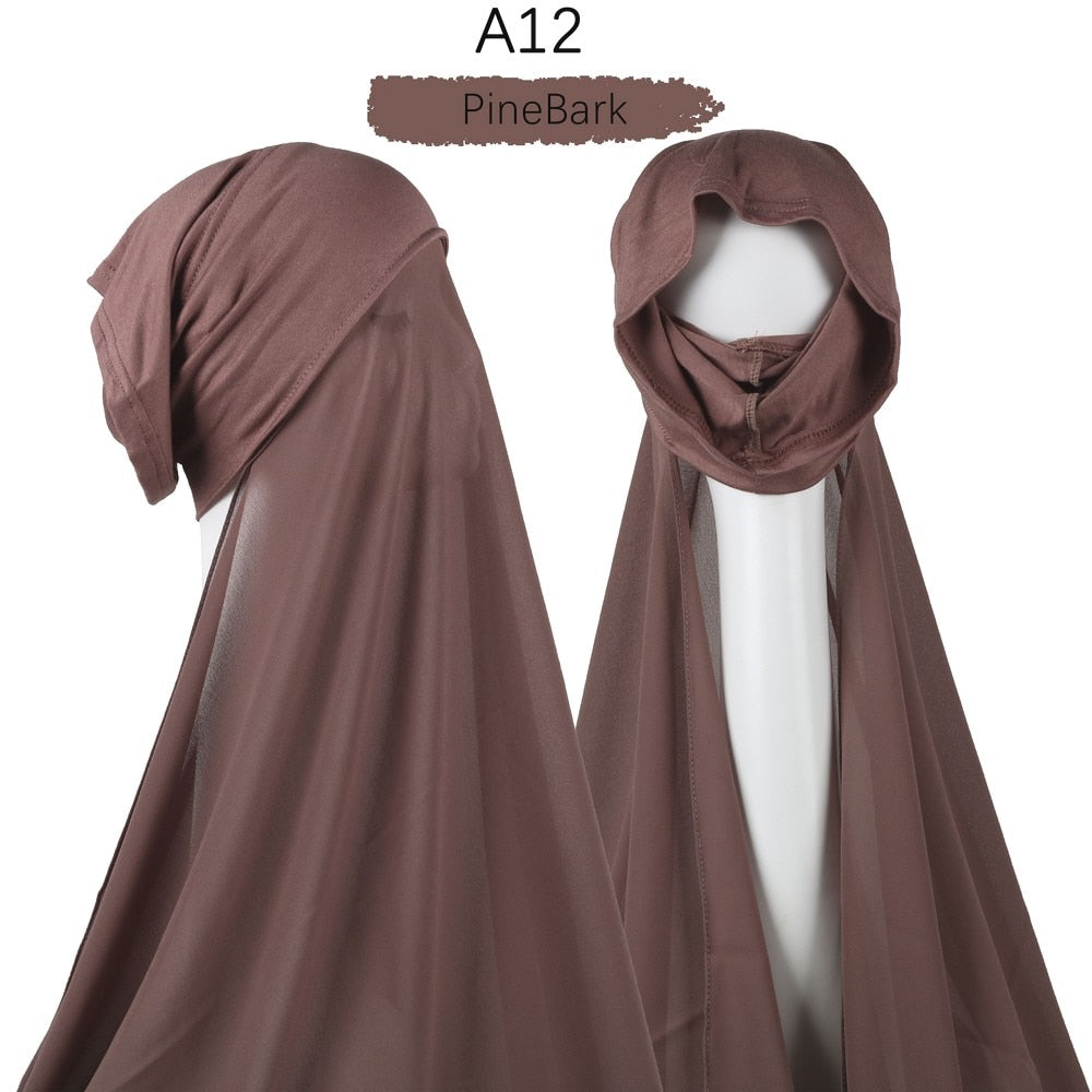 Muslim Women Heavy Chiffon Hijab Scarf With Bonnet  Instant Chiffon Hijabs Scarves With Caps Pinless Underscarf Headscarf