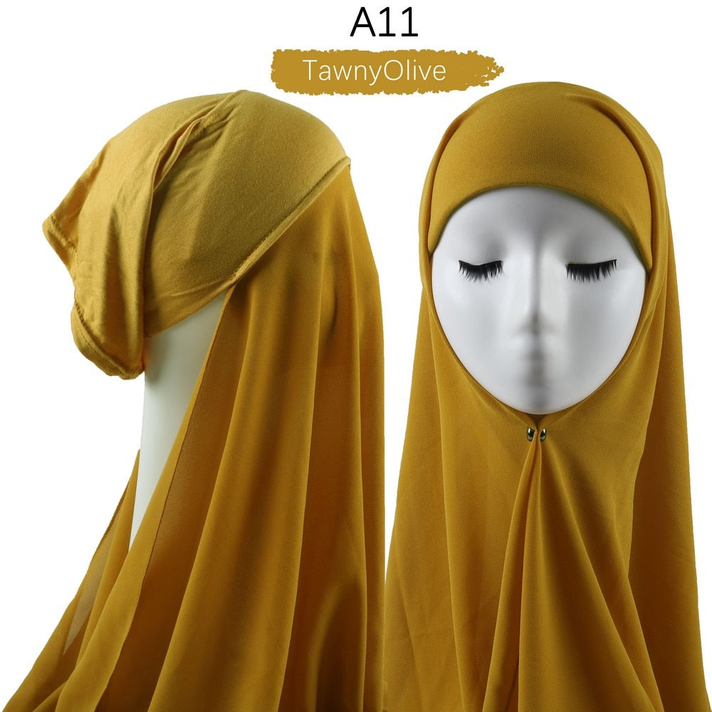 Muslim Women Heavy Chiffon Hijab Scarf With Bonnet  Instant Chiffon Hijabs Scarves With Caps Pinless Underscarf Headscarf