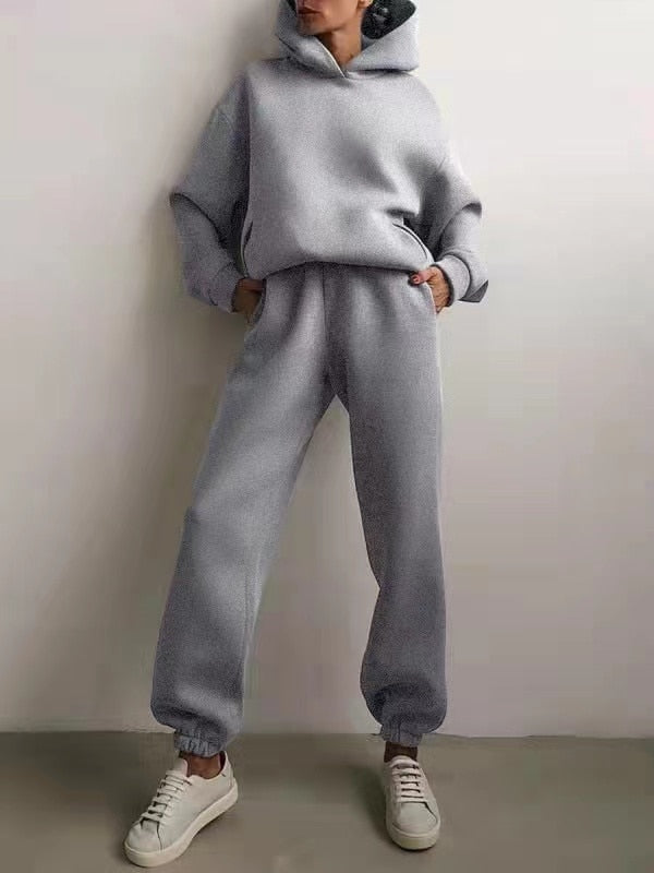 Winter Two Piece Sets Women Tracksuit Oversized Suit 2021 Autumn Trouser Suits Female Sweatshirt Solid Sports Hoodie Sportswear