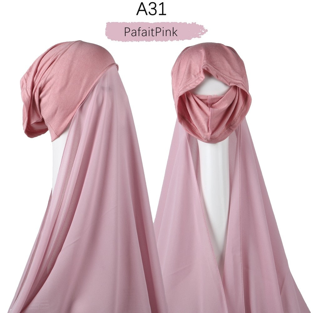 Instant Hijab With Cap Heavy Chiffon Jersey Hijab For Women Veil Muslim Fashion Islam Hijab Cap Scarf For Muslim Women Headscarf