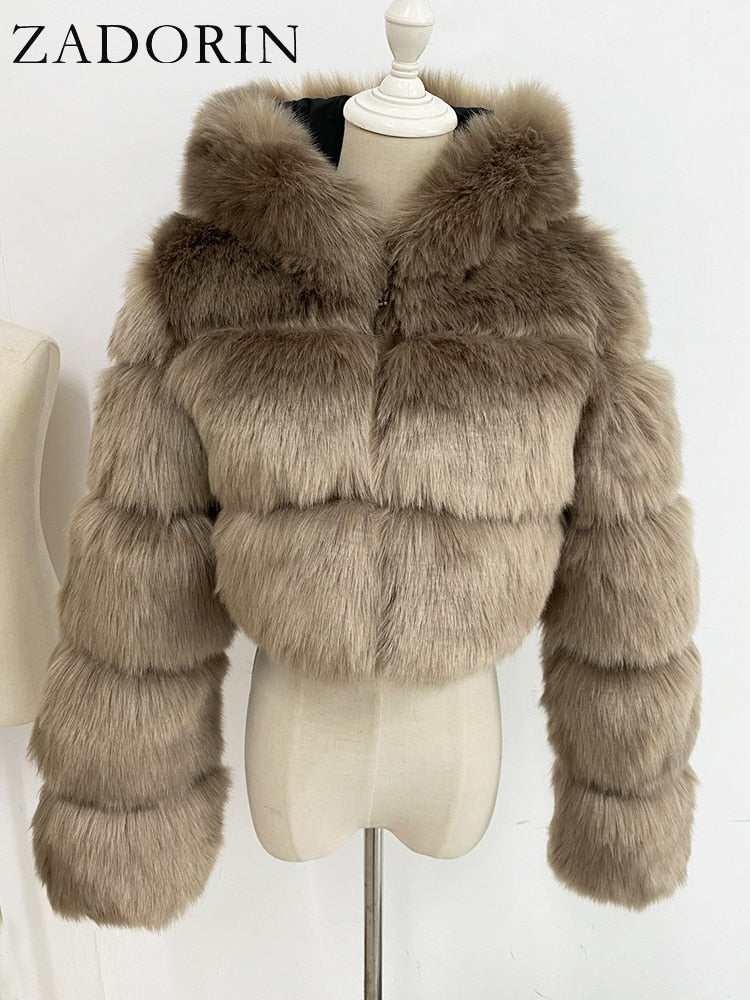 ZADORIN High Quality Furry Cropped Faux Fur Coats and Jackets Women Fluffy Top Coat with Hooded Winter Fur Jacket manteau femme