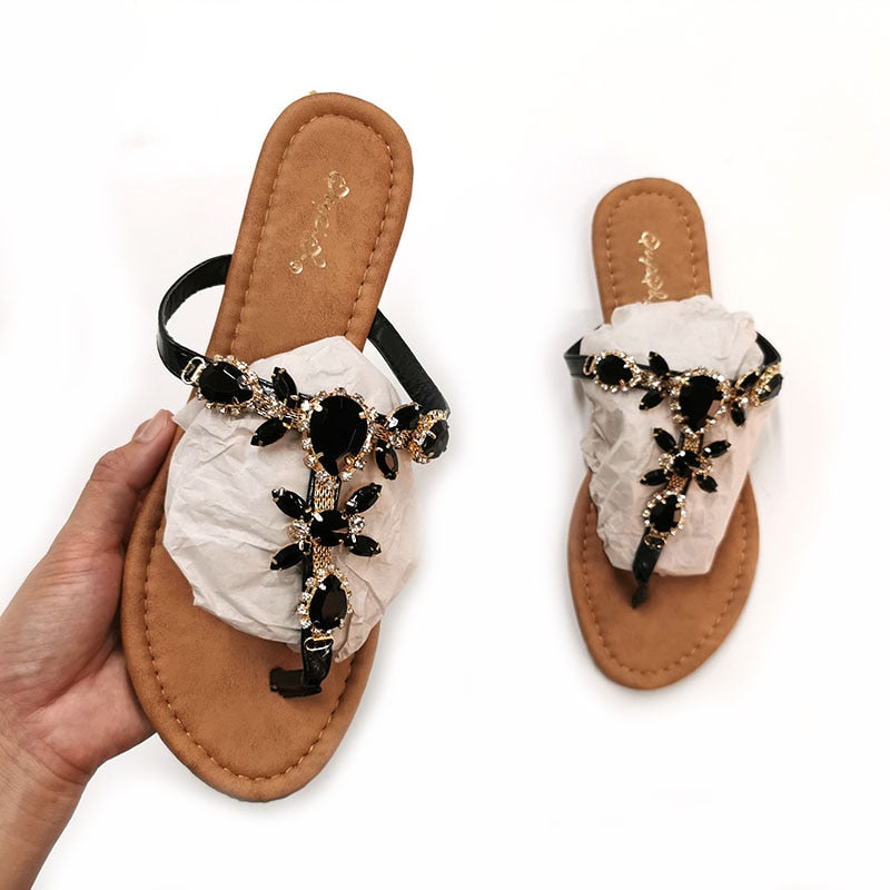 2022 New Sandals Women Gladiator Summer Shoes Diamond Buckle Fashion Female Sandal Roman Rhinestones Flat Woman&#39;s Casual Shoes