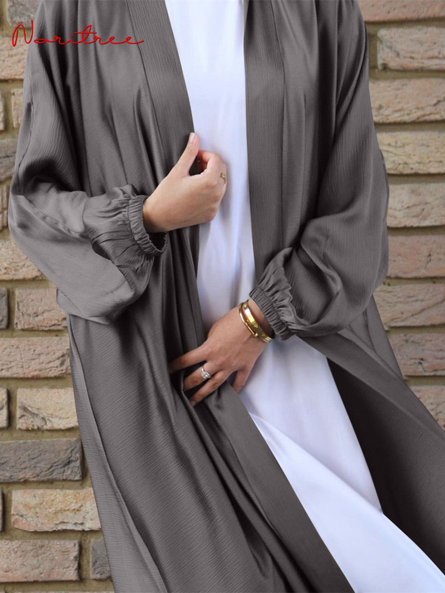 Eid Djellaba Abaya Dubai Shiny Soft Puff Sleeves Muslim Dress Silky Kimono Dubai Turkey Muslim Dress Islam Abayas With Belt WY56