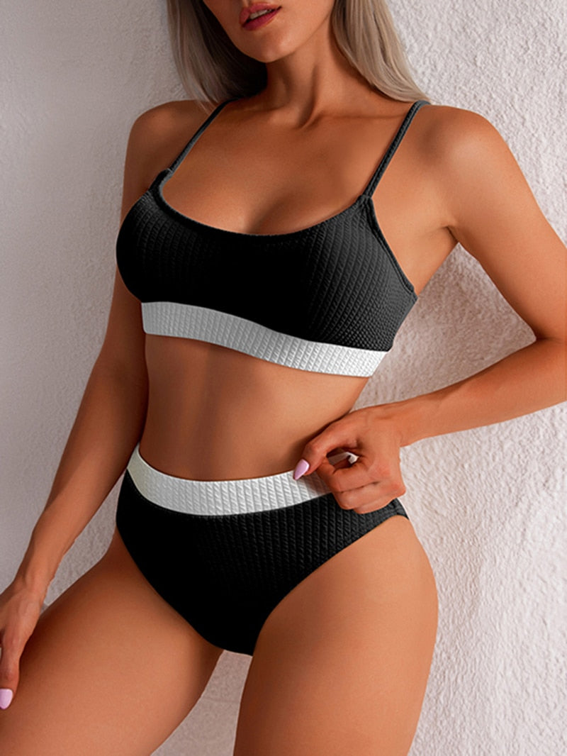 INGAGA High Waist Bikini Swimwear Women Swimsuit 2022 New Push Up Biquini Ribbed Bathing Suit Women Sexy High Cut Bikinis Set