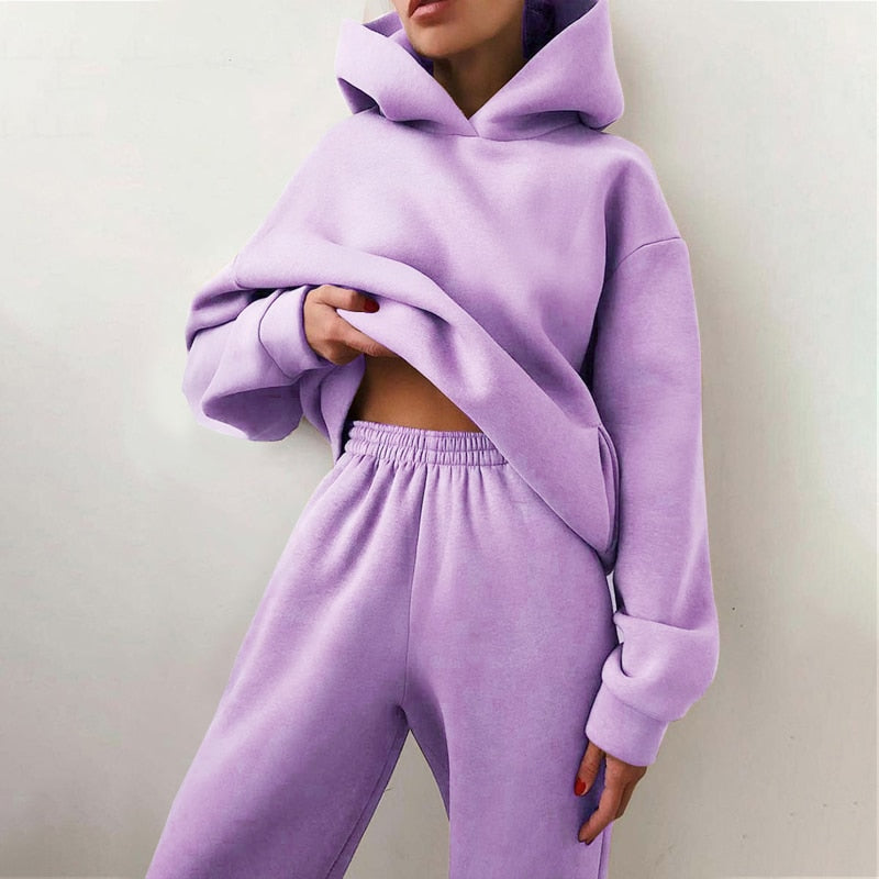 Women&#39;s Tracksuit Casual Solid Long Sleeve Hooded Sport Suits Autumn Warm Hoodie Sweatshirts and Long Pant Fleece Two Piece Sets