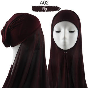 Muslim Women Heavy Chiffon Hijab Scarf With Bonnet  Instant Chiffon Hijabs Scarves With Caps Pinless Underscarf Headscarf