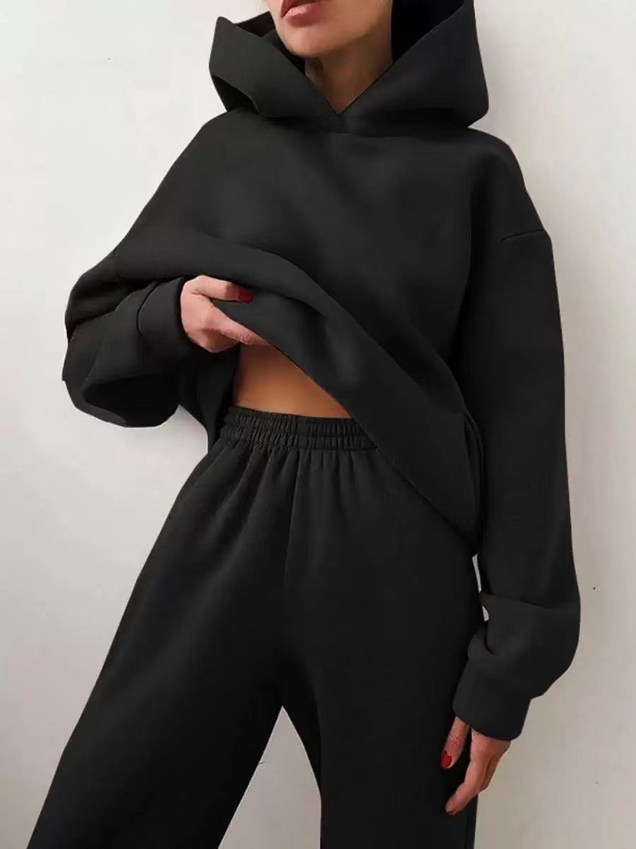 Winter Two Piece Sets Women Tracksuit Oversized Suit 2021 Autumn Trouser Suits Female Sweatshirt Solid Sports Hoodie Sportswear