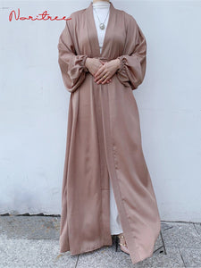 Eid Djellaba Abaya Dubai Shiny Soft Puff Sleeves Muslim Dress Silky Kimono Dubai Turkey Muslim Dress Islam Abayas With Belt WY56